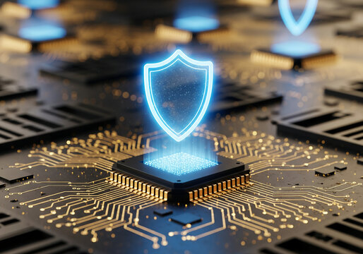 Advanced digital security and data protection concept with a glowing holographic shield icon emerging from a computer processor