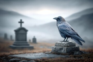 A raven stands alert on a gravestone, surrounded by fog and gravestones, capturing the essence of Halloween ambiance