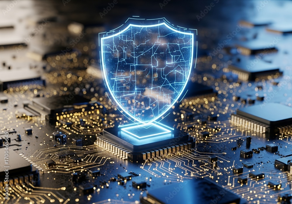 Poster digital protection concept with a glowing shield over a microchip, representing advanced cybersecuri