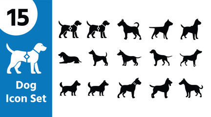 Collection of 15 distinct dog silhouettes icons for various design projects