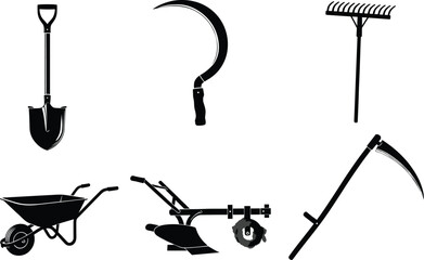 Farming tools silhouette vector, shovel, sickle, rake, wheelbarrow, plow, scythe, agriculture equipment icons, black isolated garden tools set