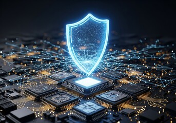 Advanced cybersecurity concept illustrating a digital shield protecting a central processing unit on a futuristic motherboard