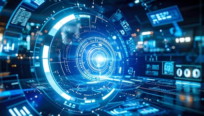 Futuristic, neon-blue tech interface with data displays. Bright central core emanates energy. Complex circuits surround