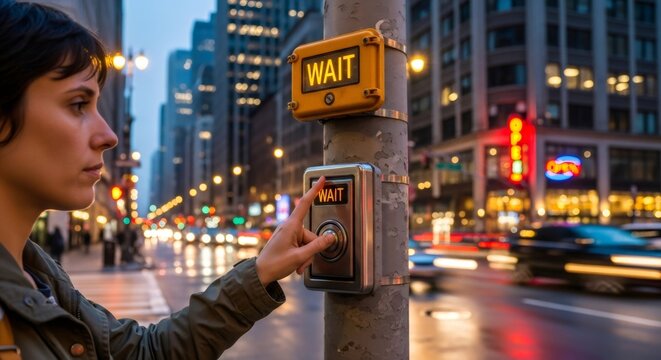 Woman pressing wait button at crosswalk in city at night. Road safety for pedestrian crossing during evening traffic. Urban travel. - Powered by Adobe