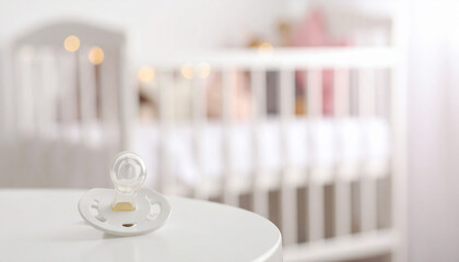 Pacifier on bedside table in baby room, blurred crib and toys in background. Intimate, caring family