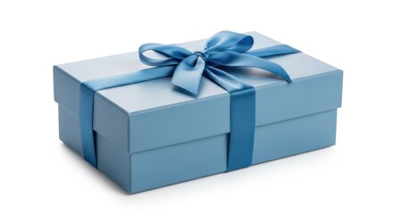 Fototapeta premium Light Blue Gift Box with Satin Ribbon and Bow on White Background
