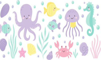 Sea Life Crew Cute Underwater Animals Pastel Vector Set, Corals, Shells, Seaweeds, easily editable and scalable.