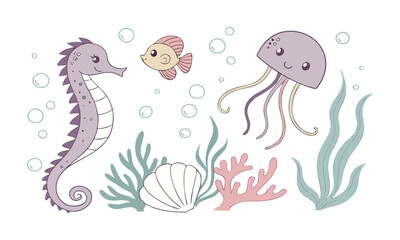 Sea Life Crew Cute Underwater Animals Pastel Vector Set, Corals, Shells, Seaweeds, easily editable and scalable.