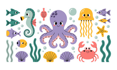 Sea Life Crew Cute Underwater Animals Pastel Vector Set, Corals, Shells, Seaweeds, easily editable and scalable.