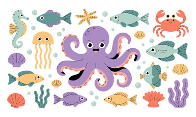 Sea Life Crew Cute Underwater Animals Pastel Vector Set, Corals, Shells, Seaweeds, easily editable and scalable.