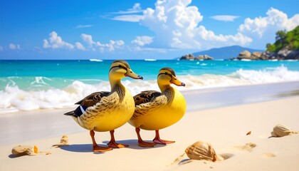 Two vibrant yellow ducks stand on a pristine beach, bathed in the sun's warm glow, overlooking a tranquil turquoise ocean.
