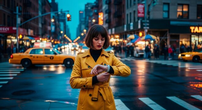 Woman in yellow trench coat in street looks at smartwatch, concept of modern traffic and urban lifestyle