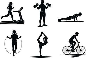 Fitness workout silhouette vector, gym exercise icons, treadmill running, yoga pose, dumbbell lifting, jump rope, push-up, cycling, healthy lifestyle illustration