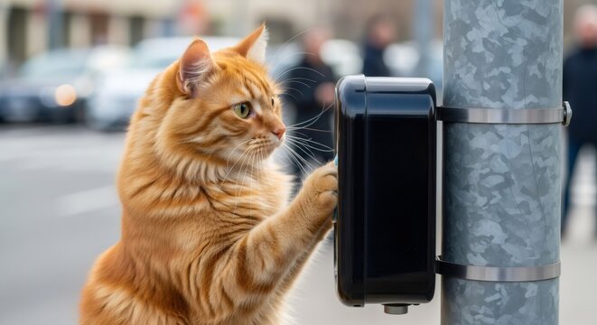 Beautiful ginger cat pressing a pedestrian crosswalk button on a city street, humor and concept on traffic control