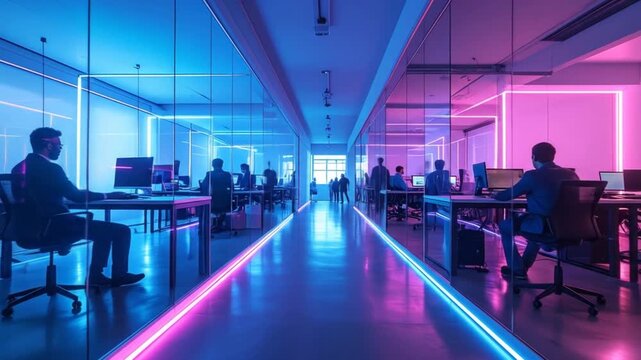 Futuristic Office Space with Neon Lighting and Modern Design for Tech Companies