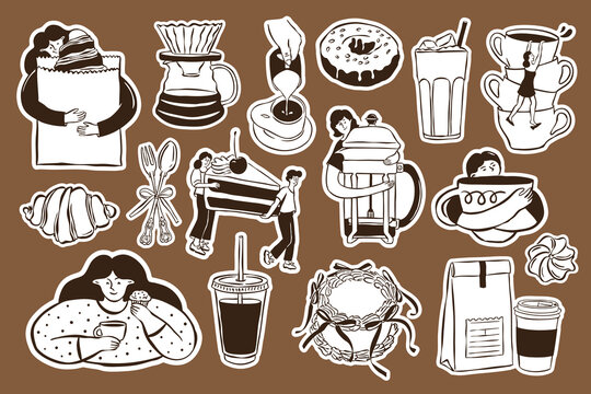 Coffee and dessert doodle stickers in sketch style. Perfect for greeting cards, restaurant menus, posters, postcards, branding, logos, and patterns.