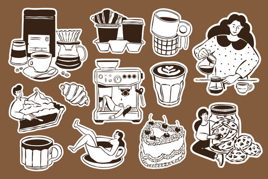 Coffee and dessert doodle stickers in sketch style. Perfect for greeting cards, restaurant menus, posters, postcards, branding, logos, and patterns.