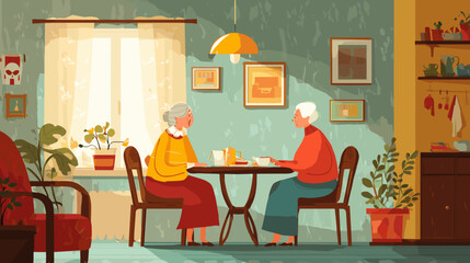 Elderly Women Chatting in Cozy Living Room hand drawn doodle style cozy room 