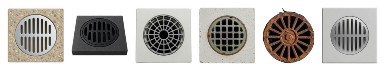 Fototapeta premium Drain grate set including concrete, metal, and rusted textures with linear, grid, and radial patterns isolated. Architectural building and water drainage solutions.