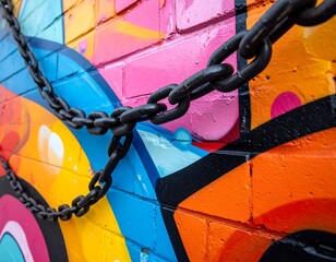 A vibrant mural displays a bold chain, creating a striking visual contrast against a colorful brick wall.
