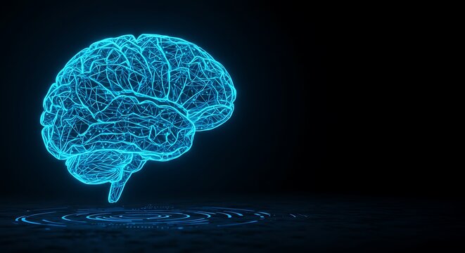 Digital Neural Brain Illustration in Blue Glowing Lines on Dark Background