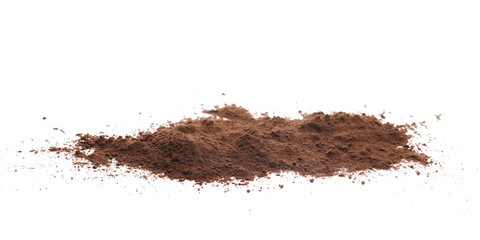 Pile ground cocoa, powder isolated on white background, side view, clipping path