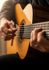 Fototapeta premium Close-up shot of a skilled musician's hands passionately playing a melody on a classical acoustic guitar