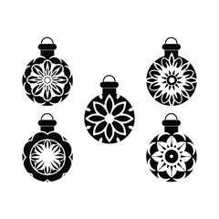 Christmas Ornament Set:  A collection of five unique, black and white Christmas ornaments, each featuring an intricate floral mandala design. Perfect for crafting, design projects.