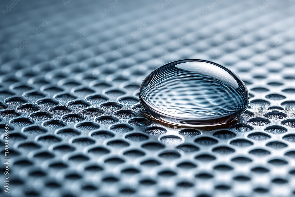 Poster a water droplet sits on a textured metallic surface, reflecting light and creating captivating patte