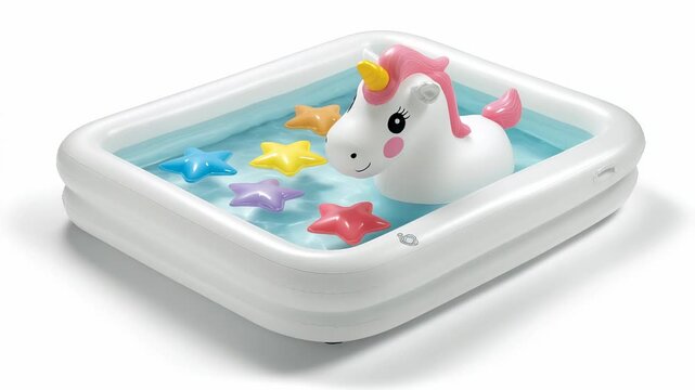 Inflatable pool toy unicorn floating in water with colorful stars isolated on white background