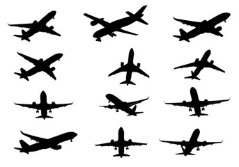 Abstract Silhouettes of Airplanes on Black Background Colorful Isolated Illustration