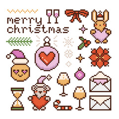 Set of xmas coquette pixel elements of Christmas tree branch, wineglasses, poinsettia flowers, bow, bunny and teddy with hearts and baubles. Vintage 8-bit art whimsical vector illustration.