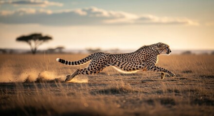 Obraz premium Cheetah sprinting across the African savanna at golden hour, kicking up dust.