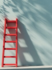 Minimal creative ladder abstract design Red Ladder Casting Shadows on a Light Blue Wall in Minimalist Style expressing unique imagination, modern minimal style, vivid design, created for social media