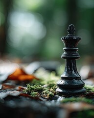 Strategic chess king game concept Black Chess King Piece on Natural Background with Soft Focus expressing unique imagination, modern minimal style, vivid design, created for social media visuals
