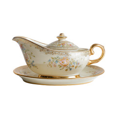 Exquisite Vintage Gravy Boat with Saucer, Adorned with Delicate Floral Patterns and Gilded Accents, Showcasing Timeless Elegance and Refined Culinary Presentation [Transparent Background PNG].