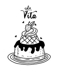 Hand drawn vector vintage doodle illustration. Wedding cake.