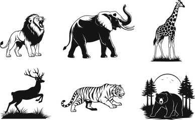 Wild animal vector set, lion, elephant, giraffe, deer, tiger, bear, black and white illustration, wildlife clipart, forest nature design