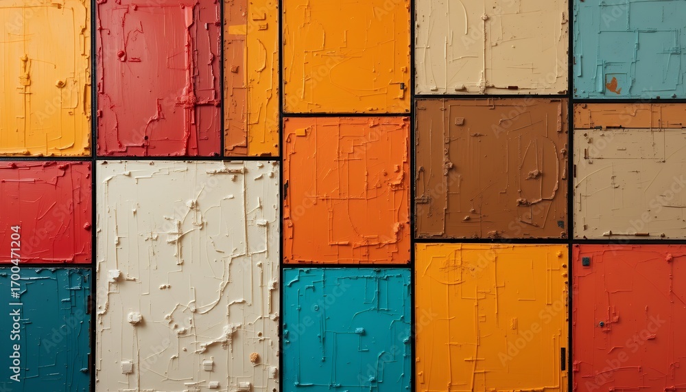 Poster abstract textured colorful geometric blocks pattern with rustic aged paint surface
