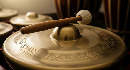 Evocative close-up of an ornate traditional bronze gong from a Gamelan orchestra, highlighting its cultural significance and musical tradition
