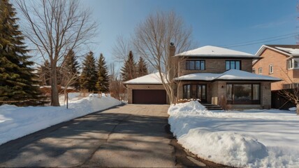 Sun-Drenched Suburban Stone House Surrounded by Deep Winter Snow and Leafless Trees