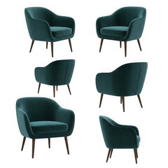 Set of six dark teal velvet armchairs with wooden legs, displayed from different angles on a transparent background