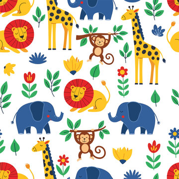 Playful jungle animals illustration with lion, giraffe, elephant, and monkey pattern, seamless pattern, Stock royalty image.