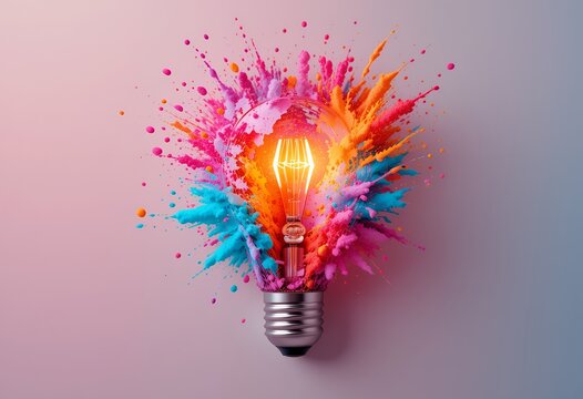 A glowing light bulb surrounded by vibrant colorful powder explosion representing creative energy