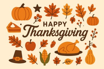 Happy Thanksgiving vector poster with turkey, pumpkins and autumn leaves&mdash;festive flat art for cards, invites, and banners.