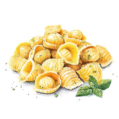 A minimal layout, Watercolor painting of gnocchi pasta with basil leaf, delicately hand-painted with artistic brush strokes, white background, vector EPS. simple vector illustration