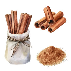 A painting of ground cinnamon set, Simple Illustration, watercolor style, minimal yet artistic elements for creative designs. EPS format, isolated on transparent background