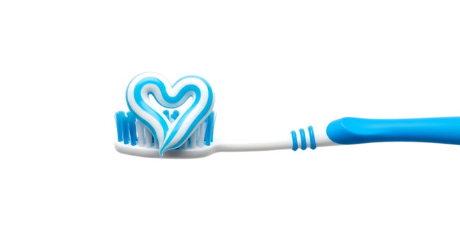 Blue toothbrush with heart shaped toothpaste for dental hygiene and oral care health transparent background