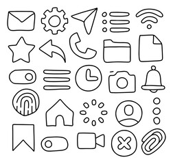 Hand drawn UI UX icons set, doodle style line symbols including email, settings, home, camera, bell, star, phone, folder, fingerprint, video, menu, bookmark, wifi, document, attachment