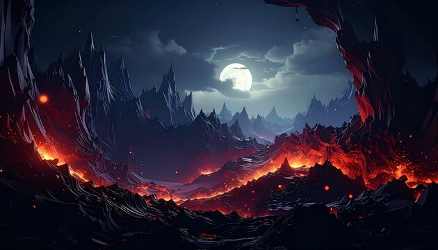 Volcanic mountain range under moonlit sky